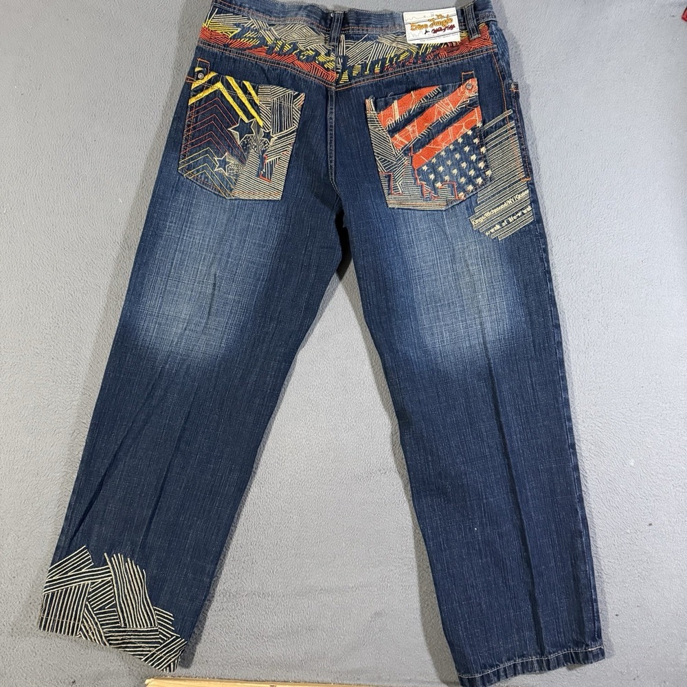 Vintage 5ive Jungle & Co. Jeans Mens 38 Faded Blue Denim Embroidered Skater.